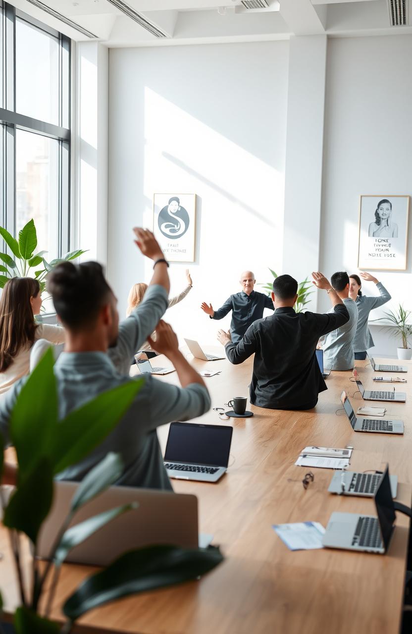 A modern corporate meeting room with a large conference table, where a diverse group of professionals are engaging in tai chi exercises