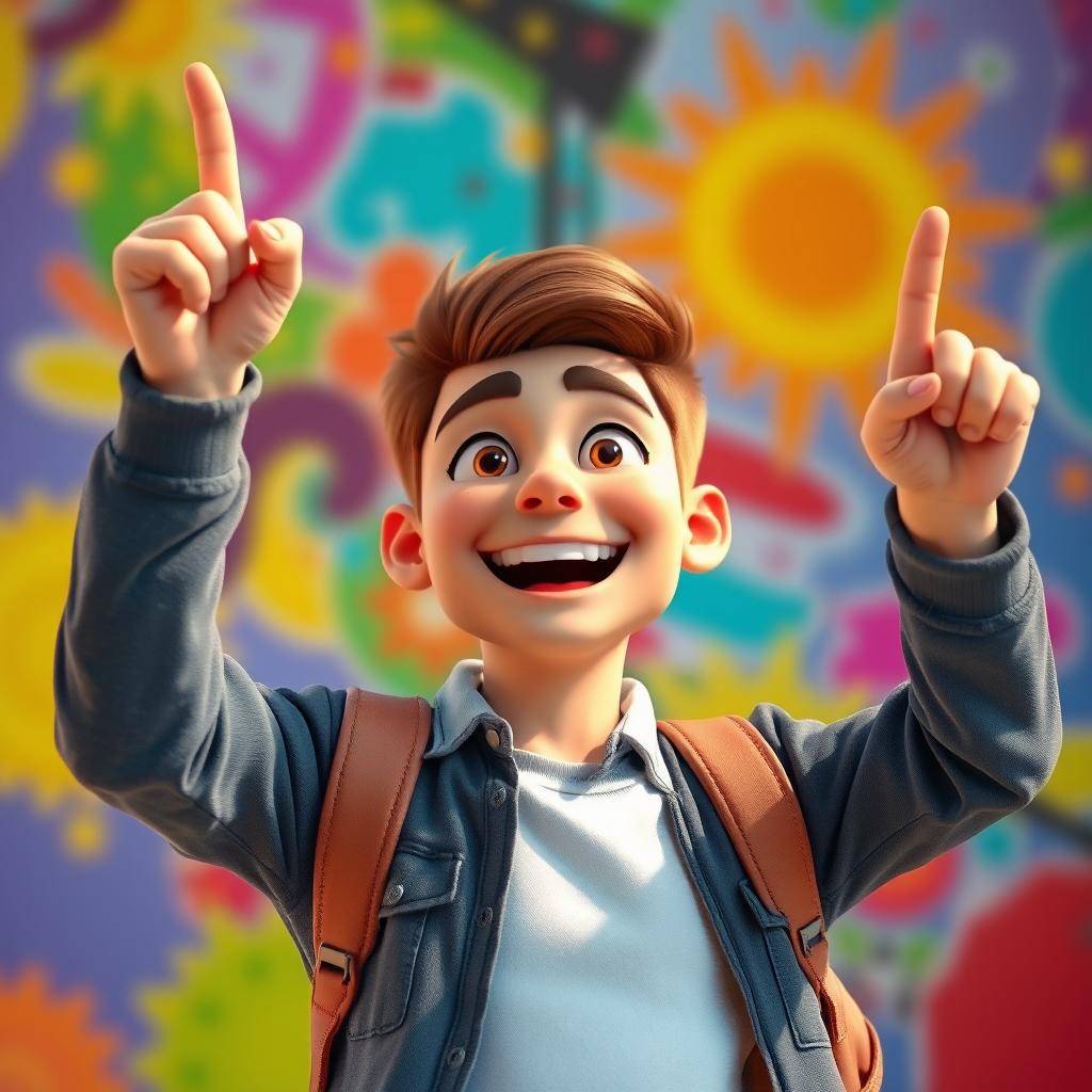 A realistic 3D animation of a young man named Ryan, energetically pointing upwards with a bright smile