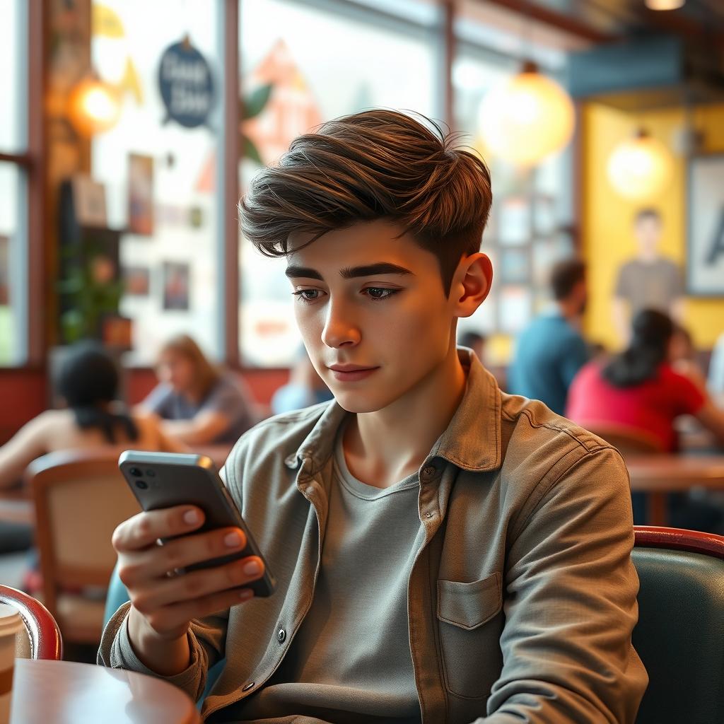 A young man named Jake, casually dressed, barely glancing up from his smartphone, engrossed in the screen