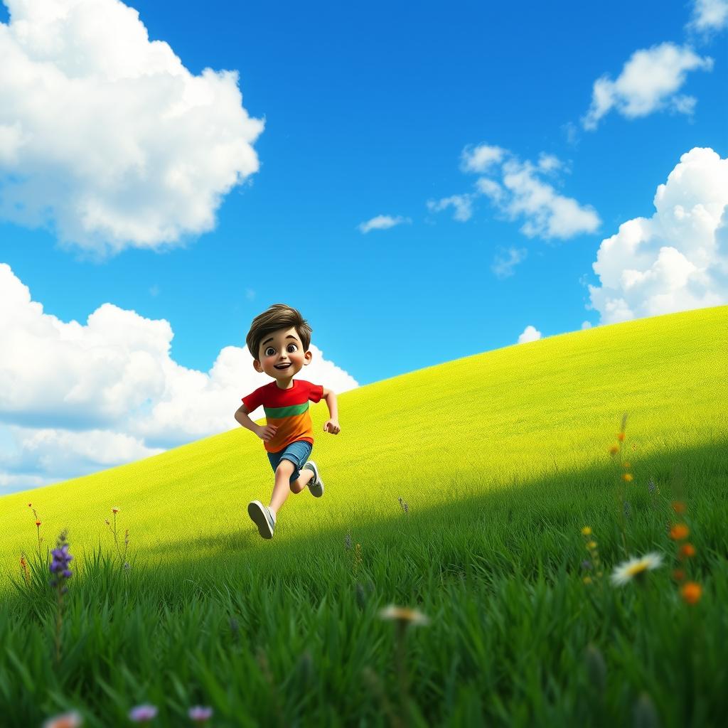 A boy named Ryan energetically running toward a lush green hill under a bright blue sky filled with fluffy white clouds