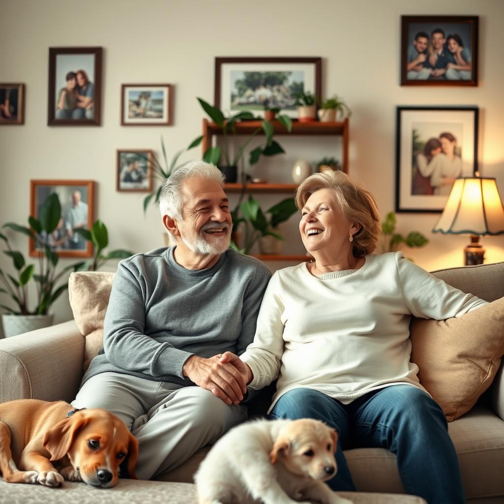 A heartwarming scene depicting two adults, now 20 years older, living happily together in a cozy, well-decorated living room