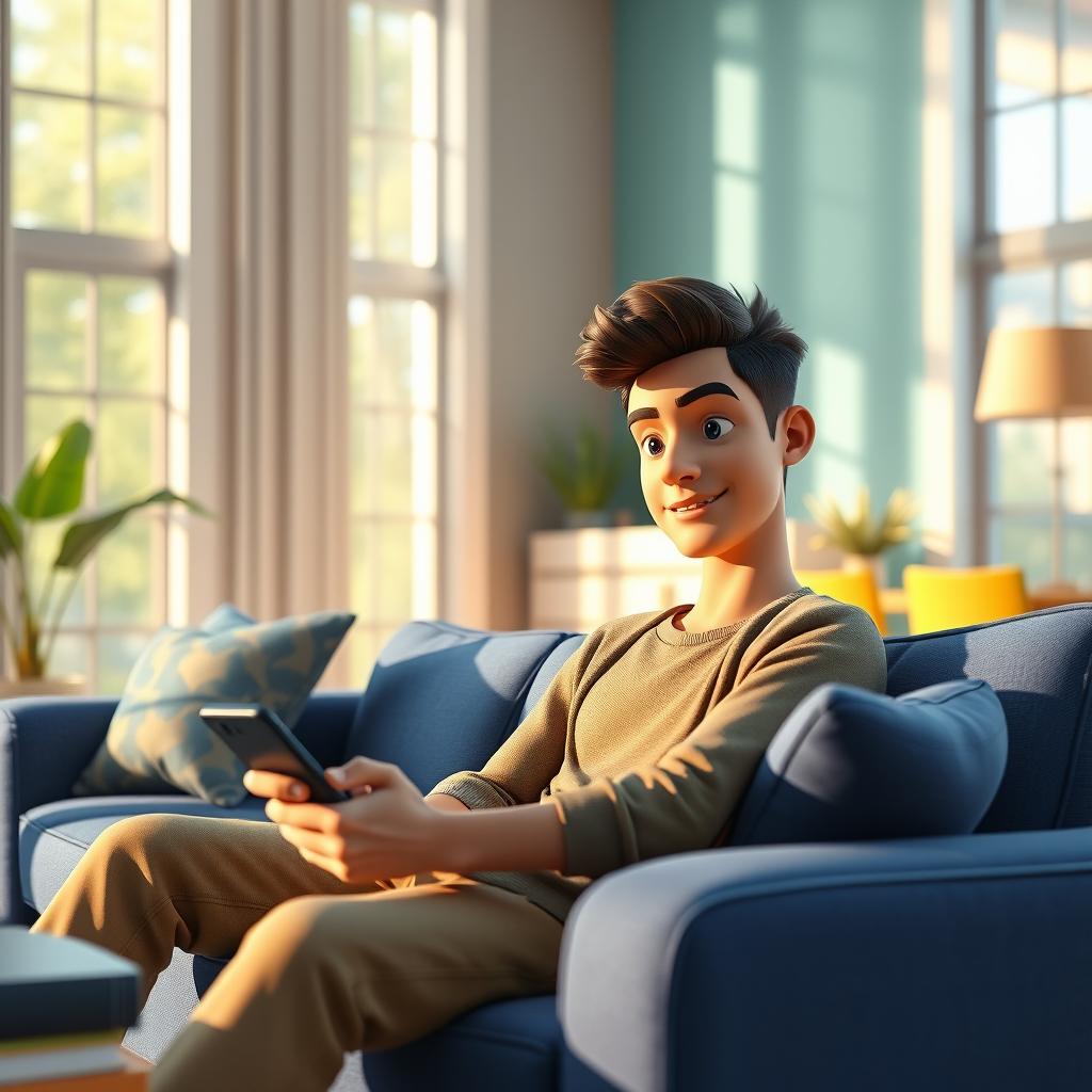 A realistic 3D animation scene depicting a young man named Jake sitting on a comfortable couch, engaged with his phone