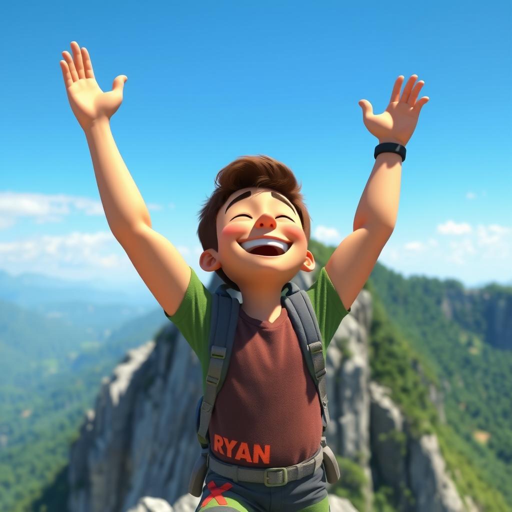 A realistic and vibrant 3D animation scene of a man named Ryan joyfully laughing as he reaches the top of a tall mountain or cliff