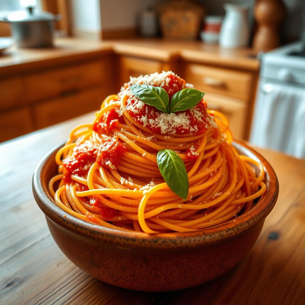 A freshly prepared serving of spaghetti elegantly placed in a rustic ceramic container