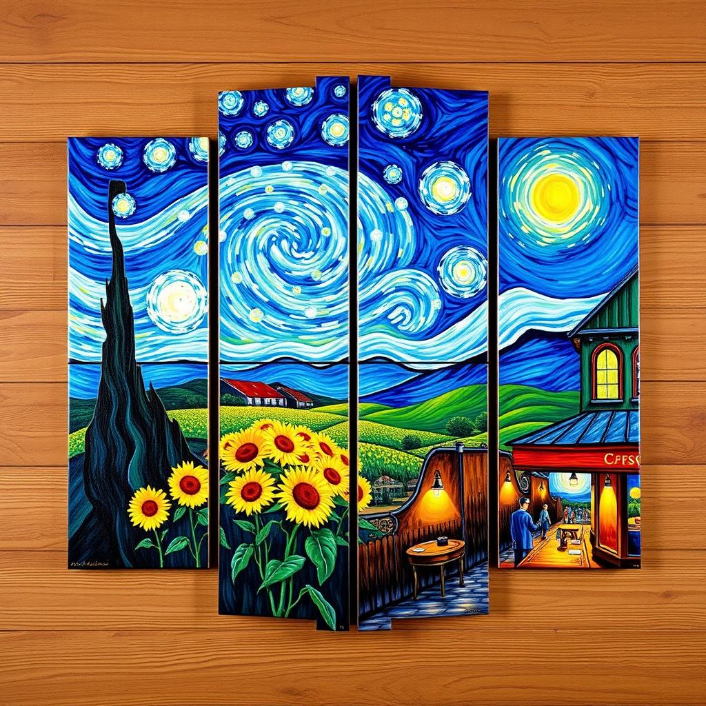 A stunning polyptych artwork inspired by Vincent van Gogh, featuring four separate panels that each highlight a different scene in his iconic style