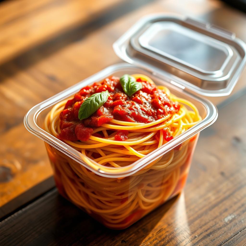 A delicious serving of spaghetti in a clear food container, showcasing the steaming pasta tangled with rich marinara sauce, garnished with fresh basil leaves on top