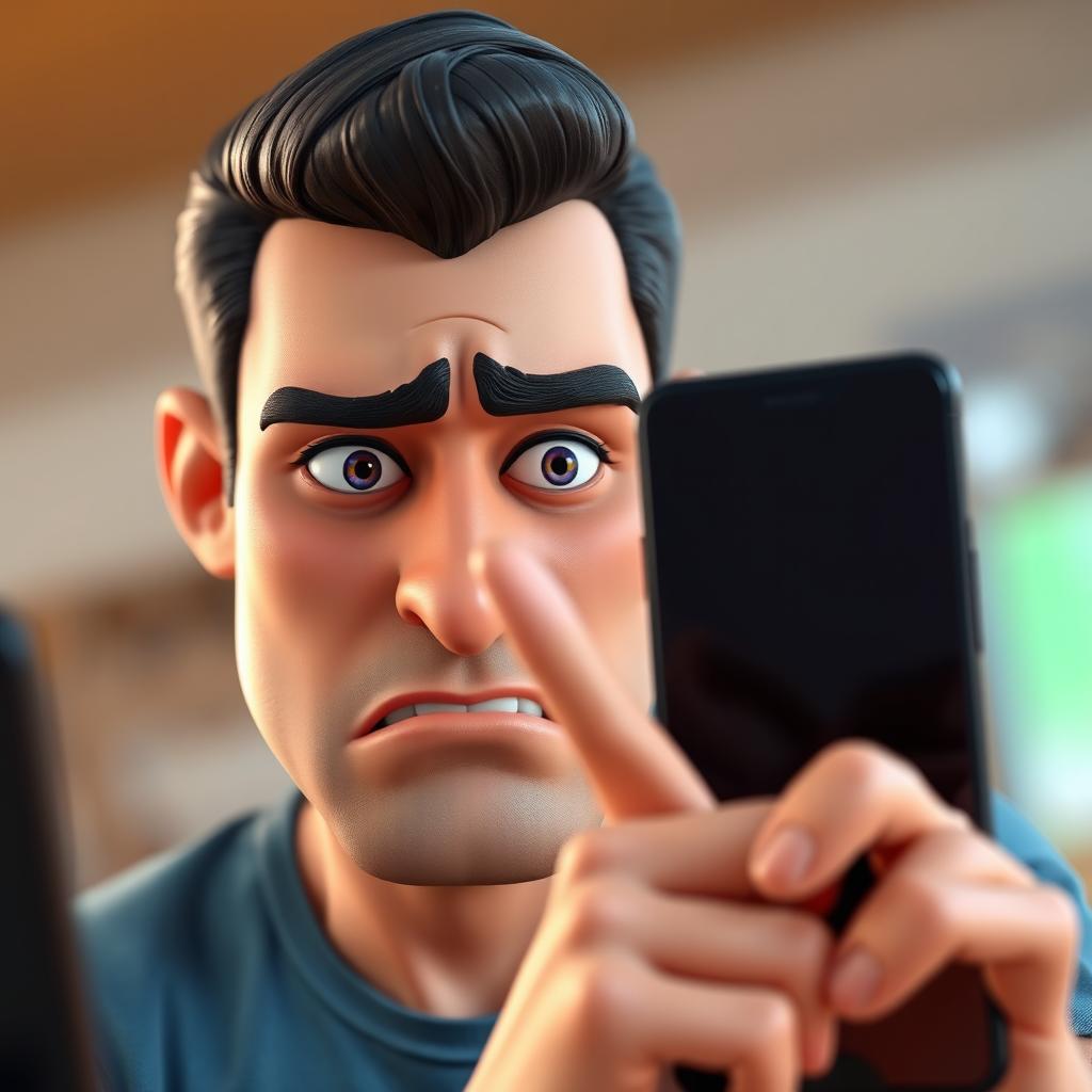 A realistic 3D animation of a man named Jake, expressing frustration as he taps on a sleek black screen