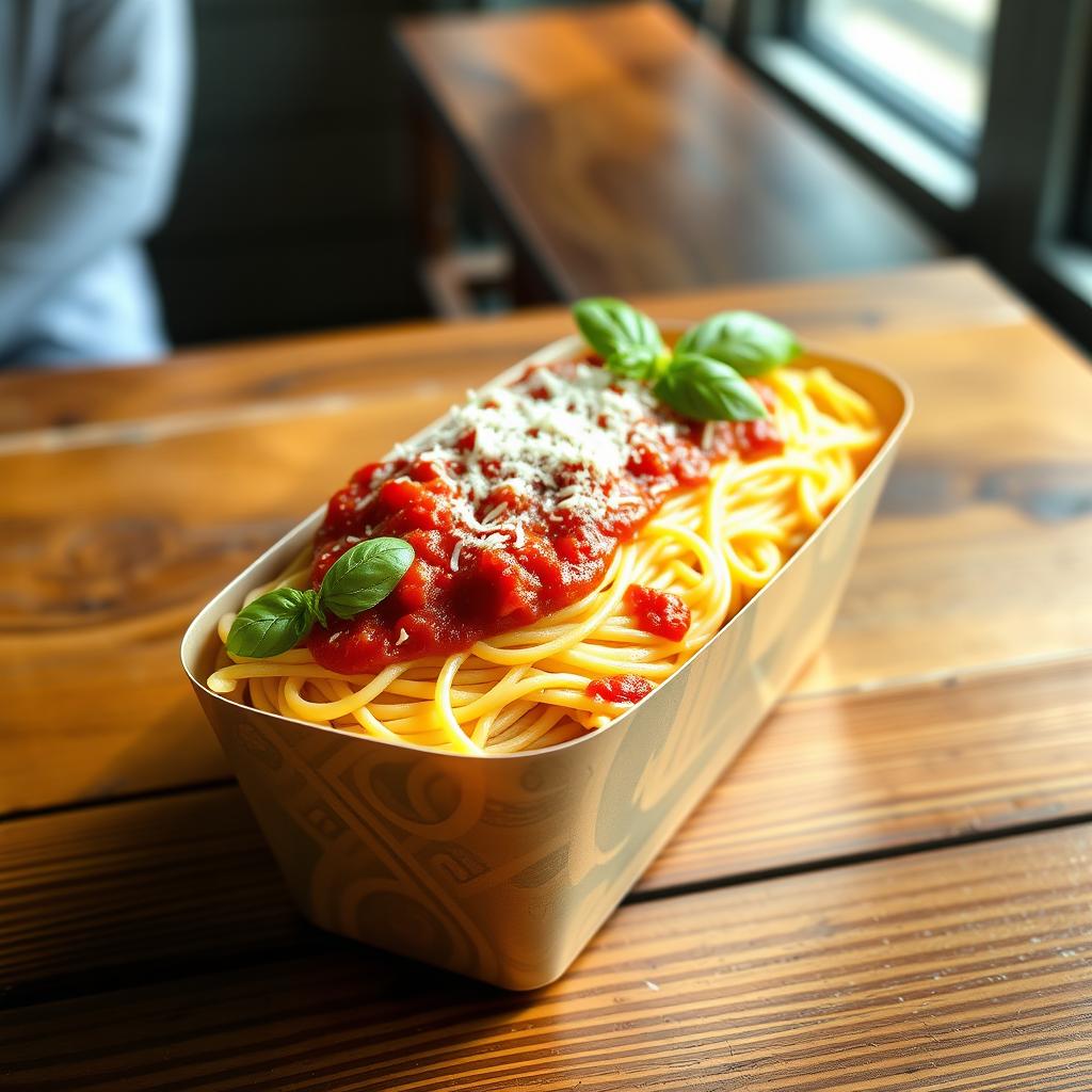 A delicious serving of spaghetti in a unique short and long food container, showcasing the steaming pasta meticulously arranged with rich marinara sauce, garnished with fresh basil leaves on top
