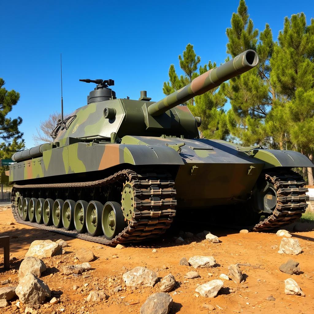 A powerful and imposing military tank displayed in an outdoor setting, highlighting its robust structure and formidable design