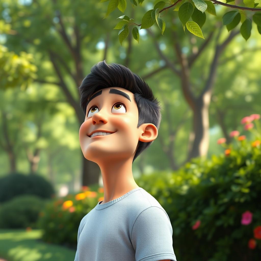 A scene depicting a man standing in a park, his gaze directed upwards as the lush greenery of trees, bushes, and vibrant flowers gradually comes into focus around him