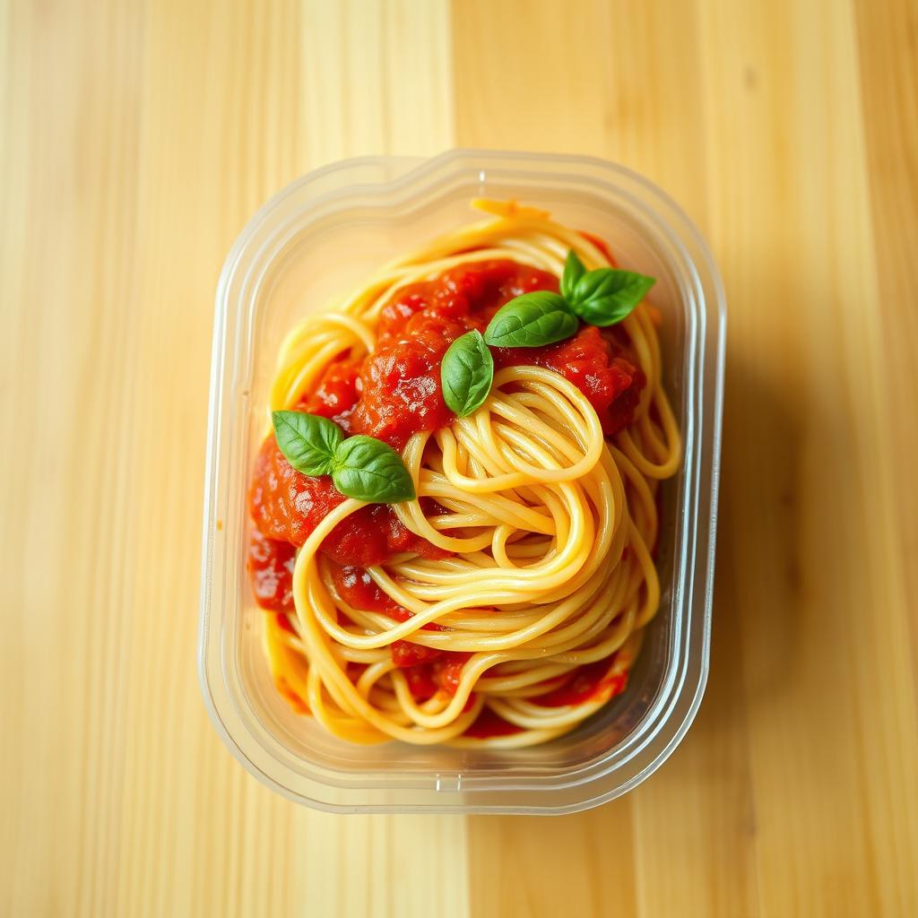 A delicious serving of spaghetti inside a long, short, rectangular plastic food container