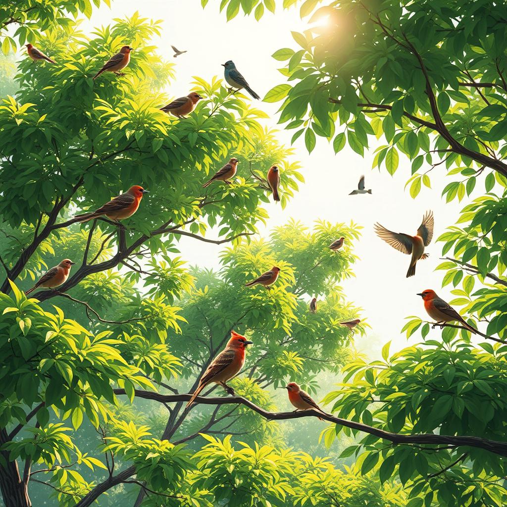 A serene nature scene featuring a variety of birds perched on lush green trees, with the wind gently rustling the leaves