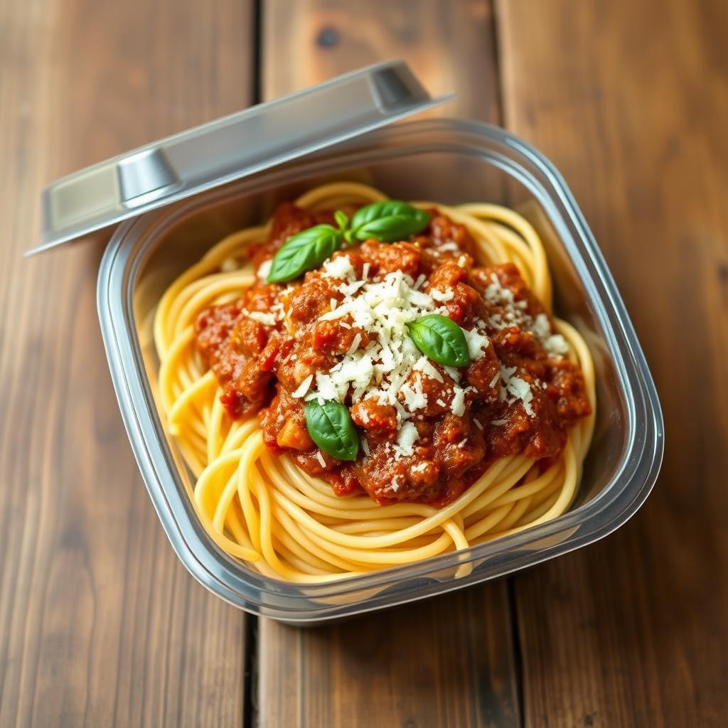 A delicious view of spaghetti with meat sauce served in a clear plastic food container that is short and long