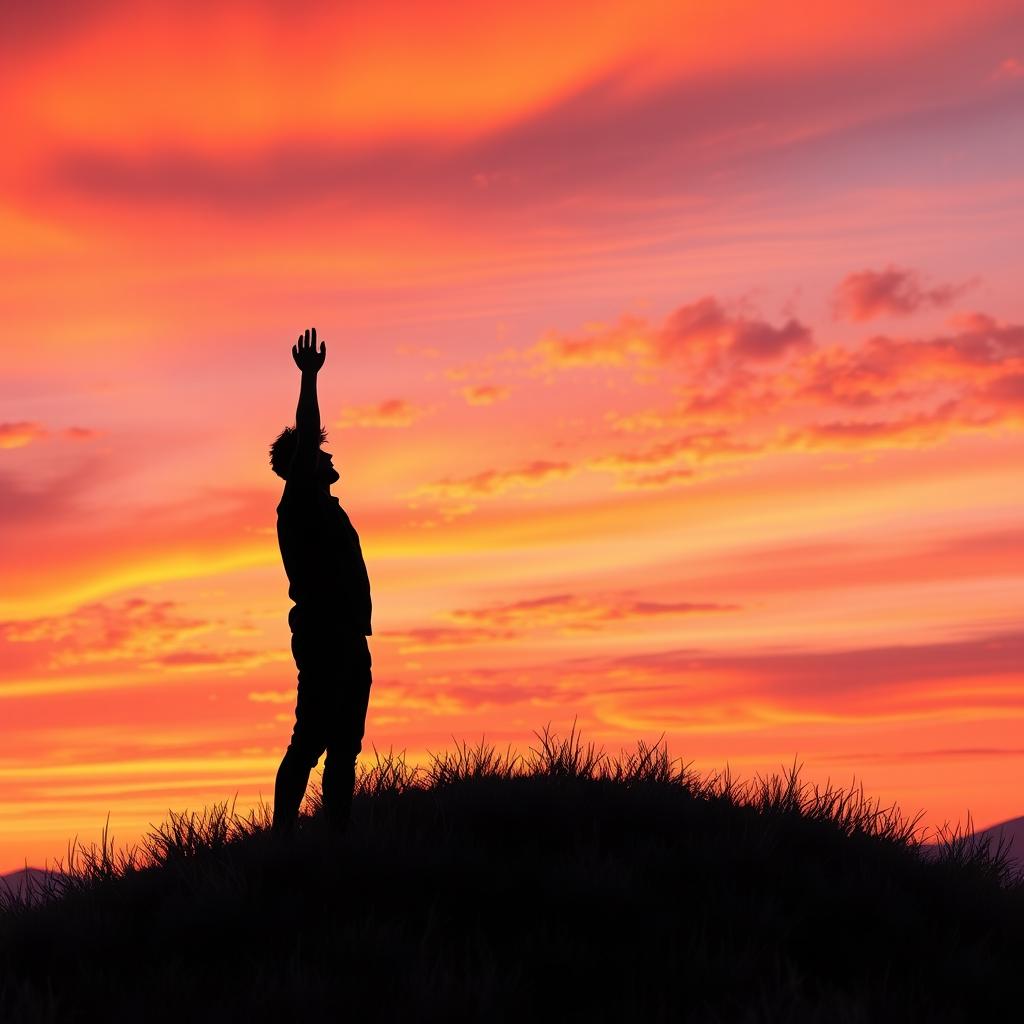 A lone figure named Ryan silhouetted against a sunset backdrop on a rolling hill, with his hand raised triumphantly