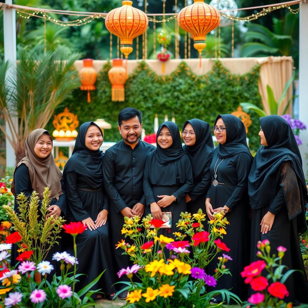 A family gathering for Eid celebration, with all members dressed in elegant black traditional outfits
