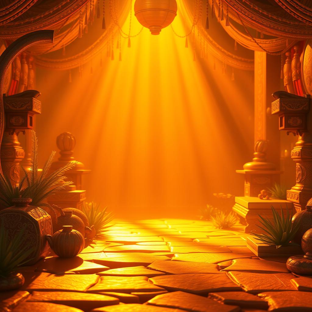 A stunning 3D animated scene featuring warm, golden light radiating in the background, casting a vibrant glow on the surroundings