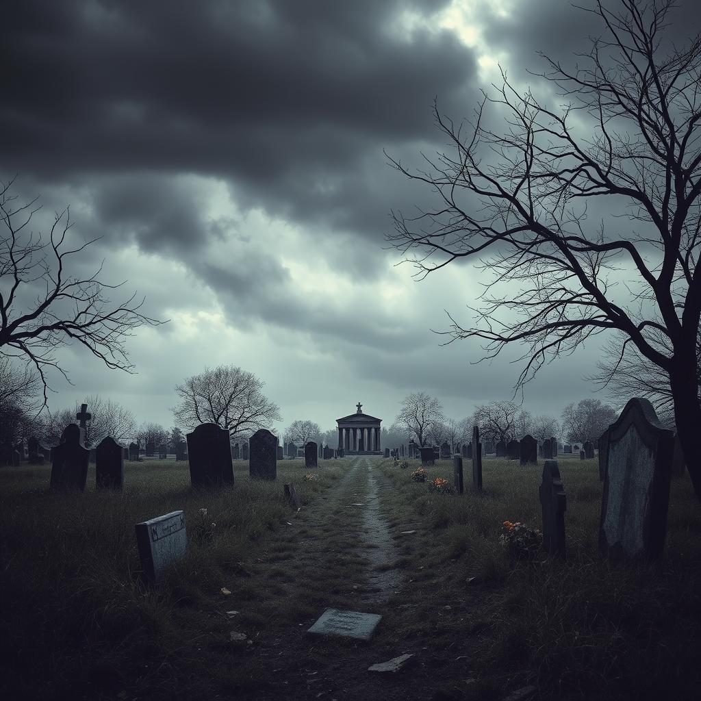 A desolate and depressing landscape of a cemetery, featuring overgrown grass, crooked and crumbling tombstones, a gray sky filled with dark clouds, and shadowy trees with bare branches