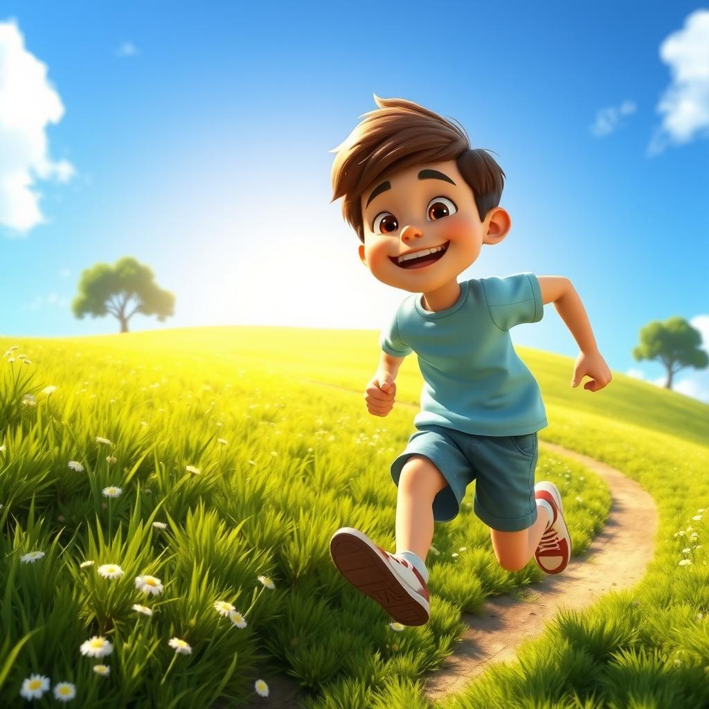 A young man named Jake, with short brown hair and wearing a light blue t-shirt and shorts, running joyfully up a hill under a bright blue sky