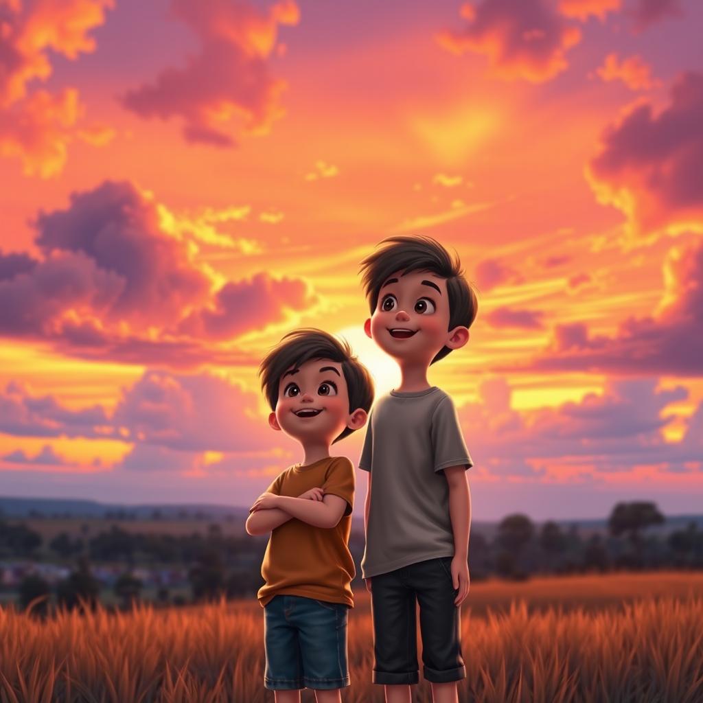 Two young boys standing together, gazing at a breathtaking sunset