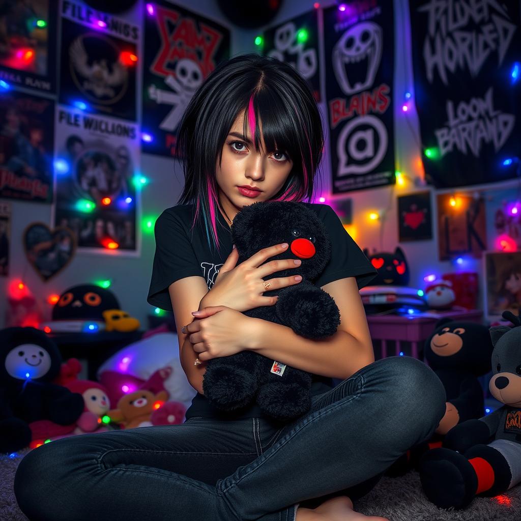 An emo girl sitting in her room, embracing a black stuffed animal