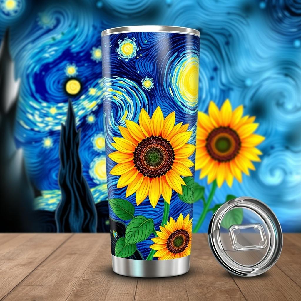 A beautifully designed tumbler featuring artwork inspired by Vincent van Gogh's style