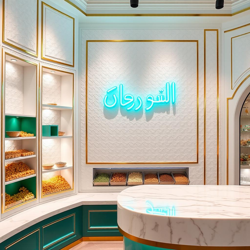 A modern-traditional Persian nut shop featuring white textured walls accented with elegant gold lines