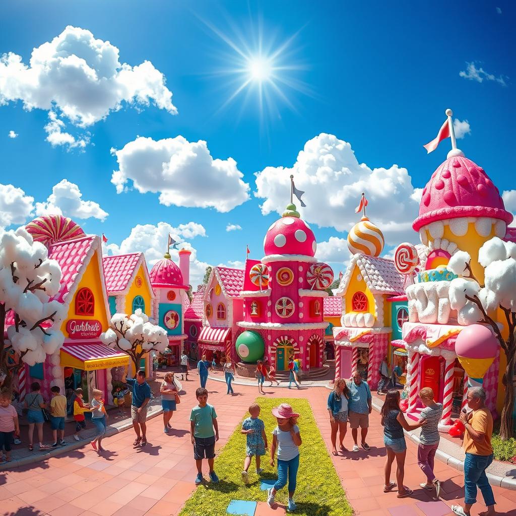A cheerful landscape of a candy city, with colorful buildings made of various sweets like gumdrops, lollipops, and candy canes