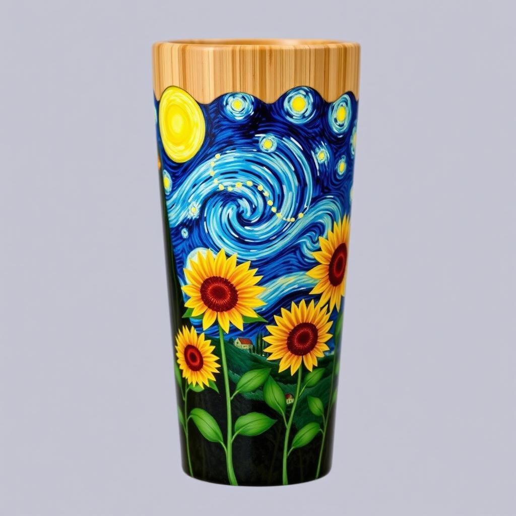 A beautifully crafted bamboo tumbler adorned with artwork inspired by Vincent van Gogh's iconic style