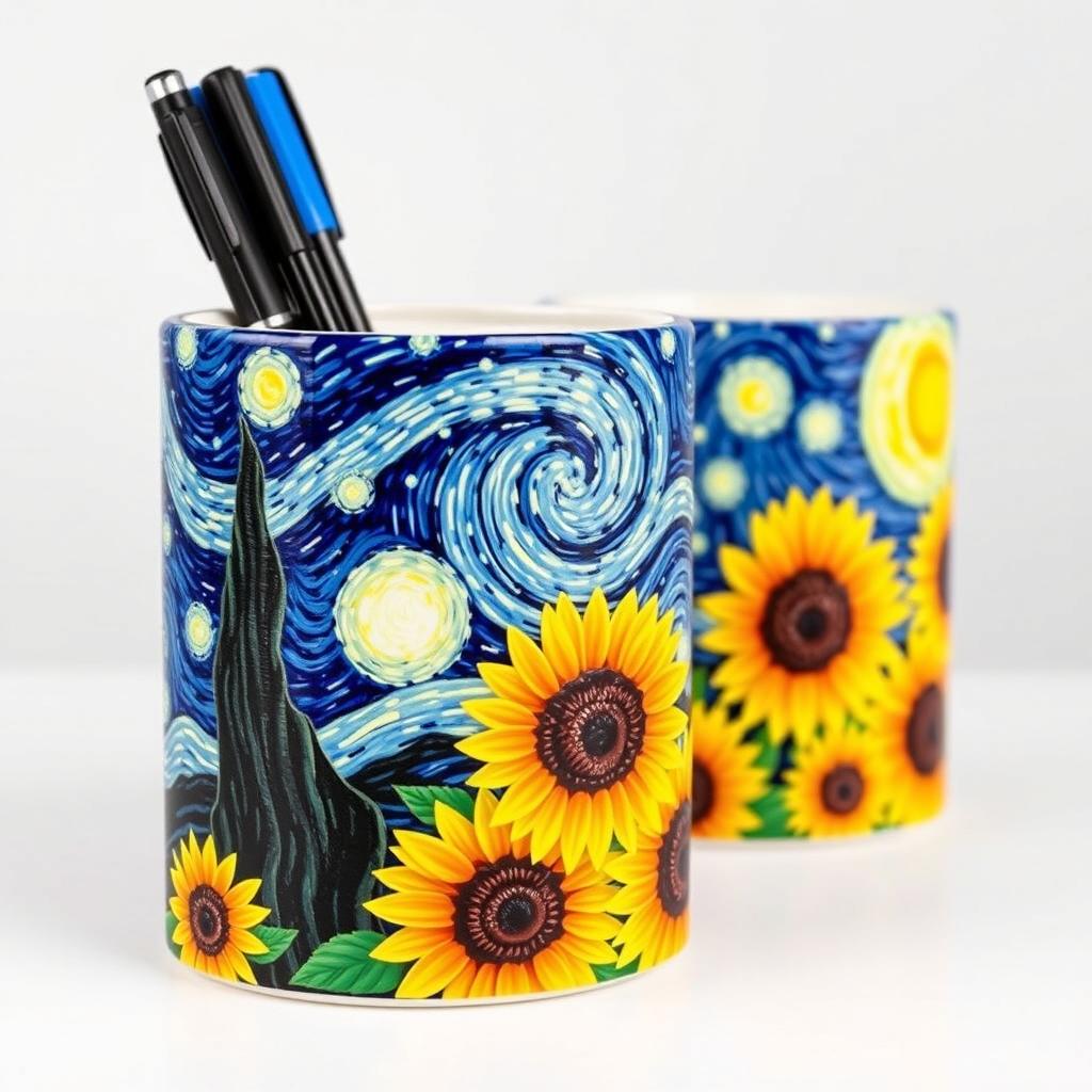 A creatively designed ballpoint pen container featuring artwork inspired by Vincent van Gogh's iconic style