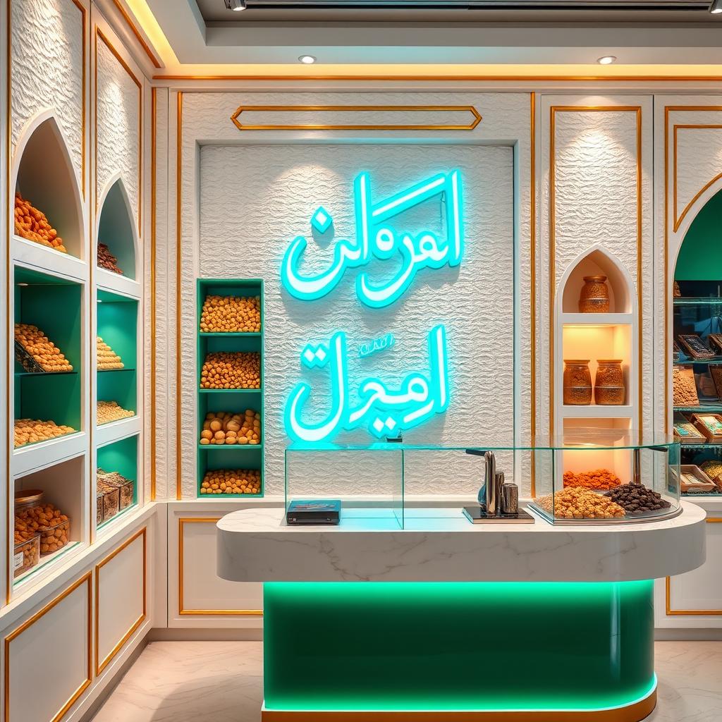 A modern-traditional Persian nut shop featuring white textured walls adorned with elegant gold lines