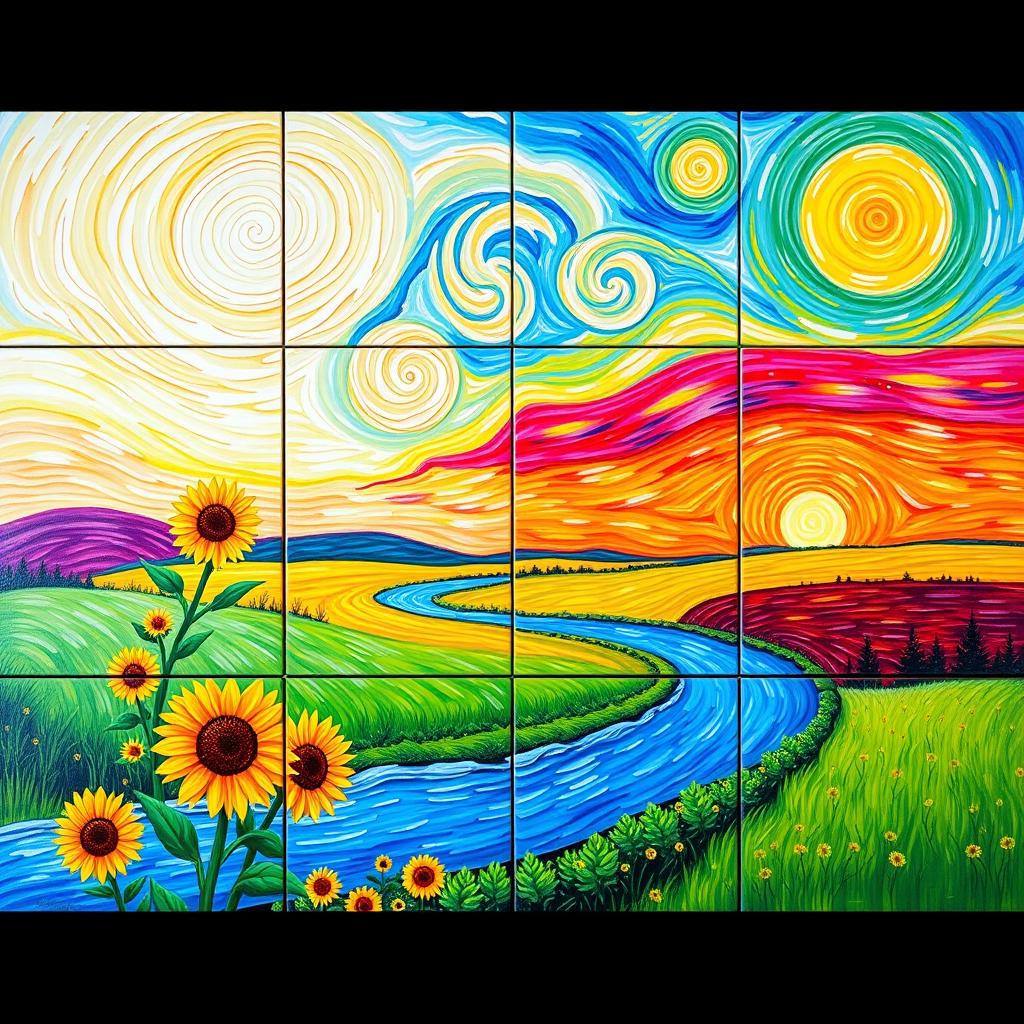 A stunning polyptych artwork inspired by the distinctive style of Vincent van Gogh, featuring vibrant colors and expressive brushwork