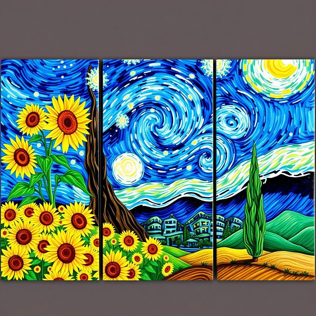 A stunning triptych art piece inspired by Vincent van Gogh's iconic style, featuring three panels that create a cohesive narrative