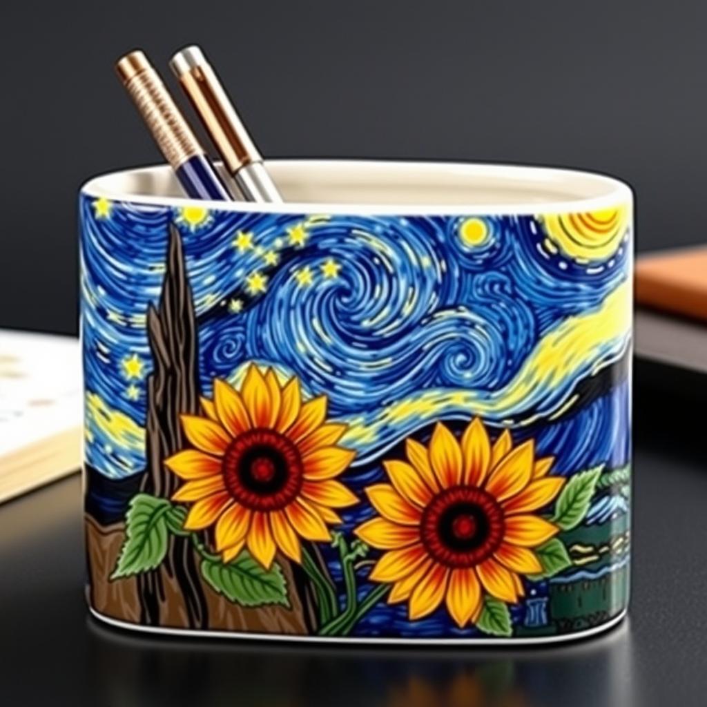 A stylish ballpoint pen container beautifully decorated in the artistic style of Vincent van Gogh