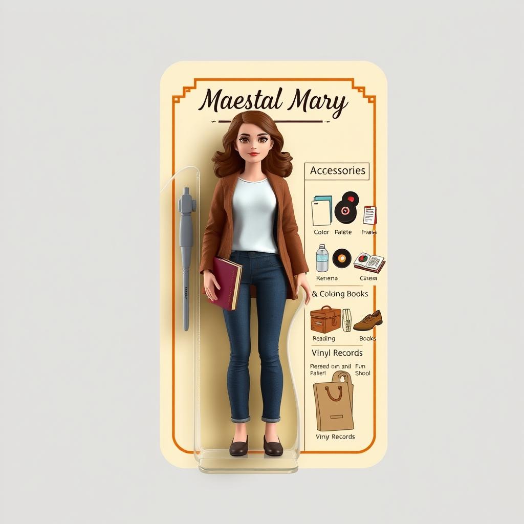 An action figure packaging design featuring an elegant label reading 'Maestra Mary'