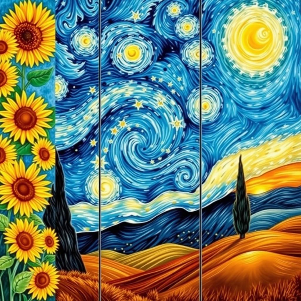 An exquisite triptych artwork inspired by the iconic style of Vincent van Gogh, consisting of three seamless panels