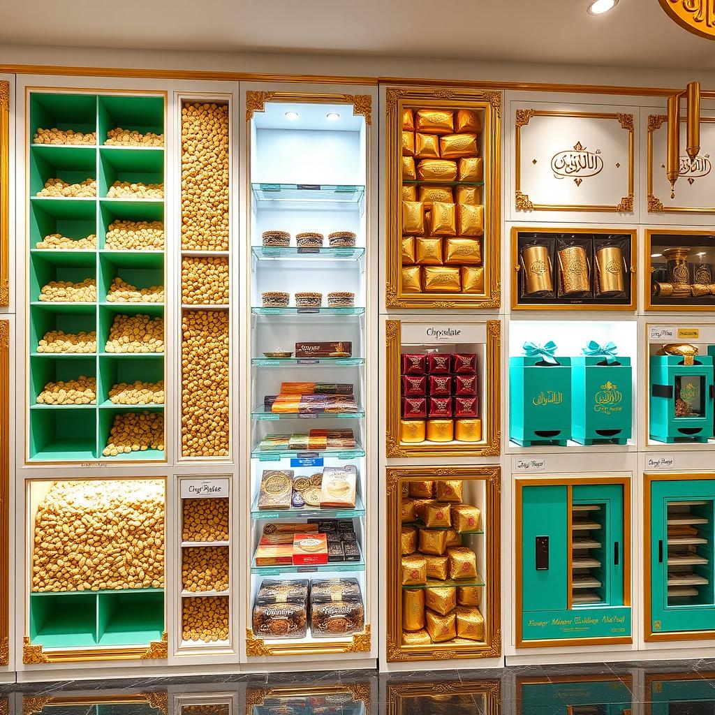 A modern Persian nut shop featuring three specialized wall sections