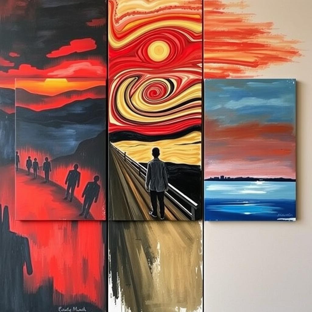An expressive triptych artwork inspired by the iconic style of Edvard Munch, consisting of three interconnected panels