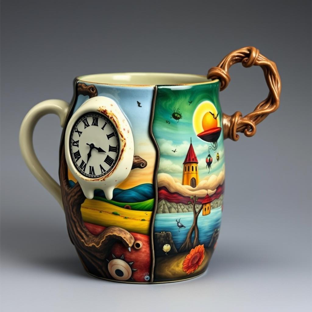 A stunning ceramic mug featuring an imaginative surrealism art style, showcasing a dreamlike scene that captivates the viewer