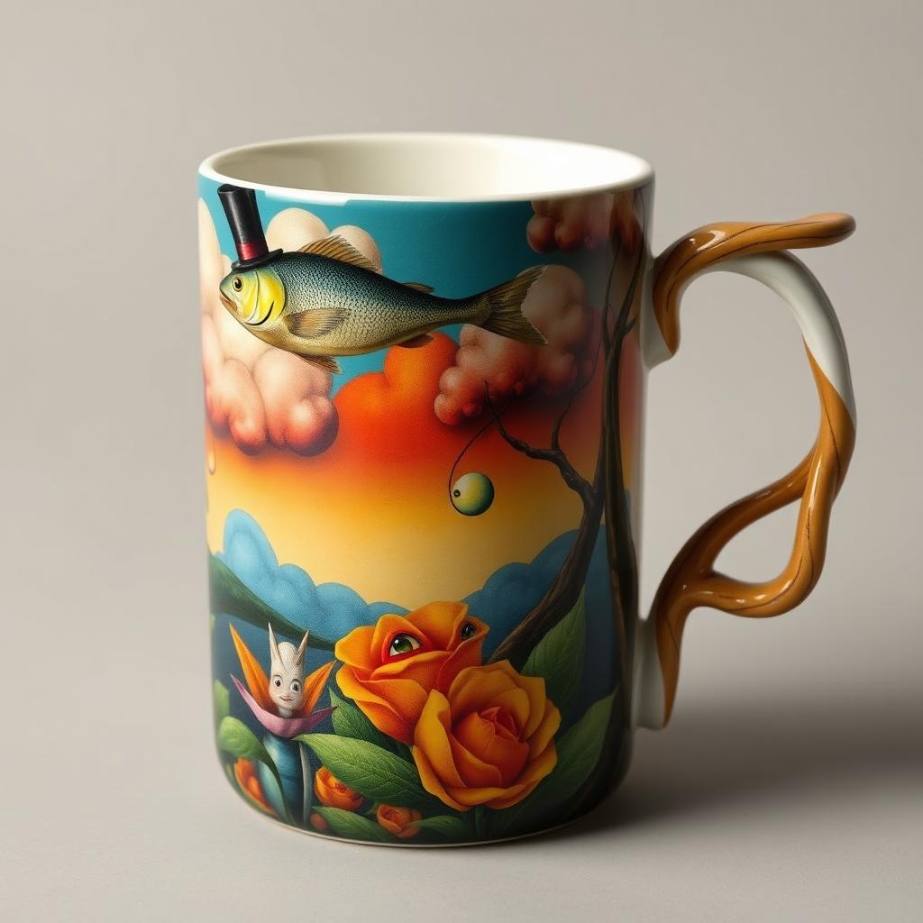 A beautifully designed ceramic mug featuring a surrealism art style print, showcasing a whimsical and dreamlike scene