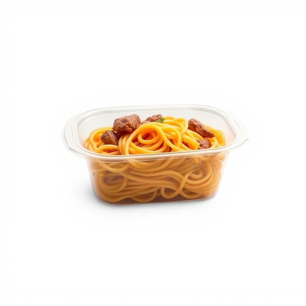 A realistic depiction of a food container filled with spaghetti and meat