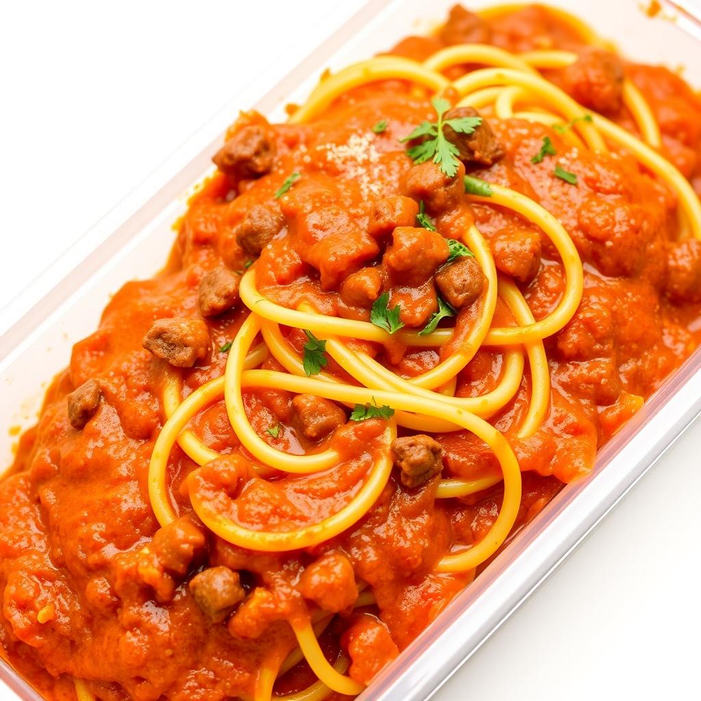 A delicious serving of spaghetti with meat sauce in a short, long, plastic food container