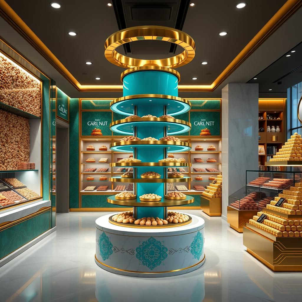 A luxury Persian nut shop featuring a striking central turquoise-blue gift tower, elegantly designed with rotating glass platforms adorned with gold edges