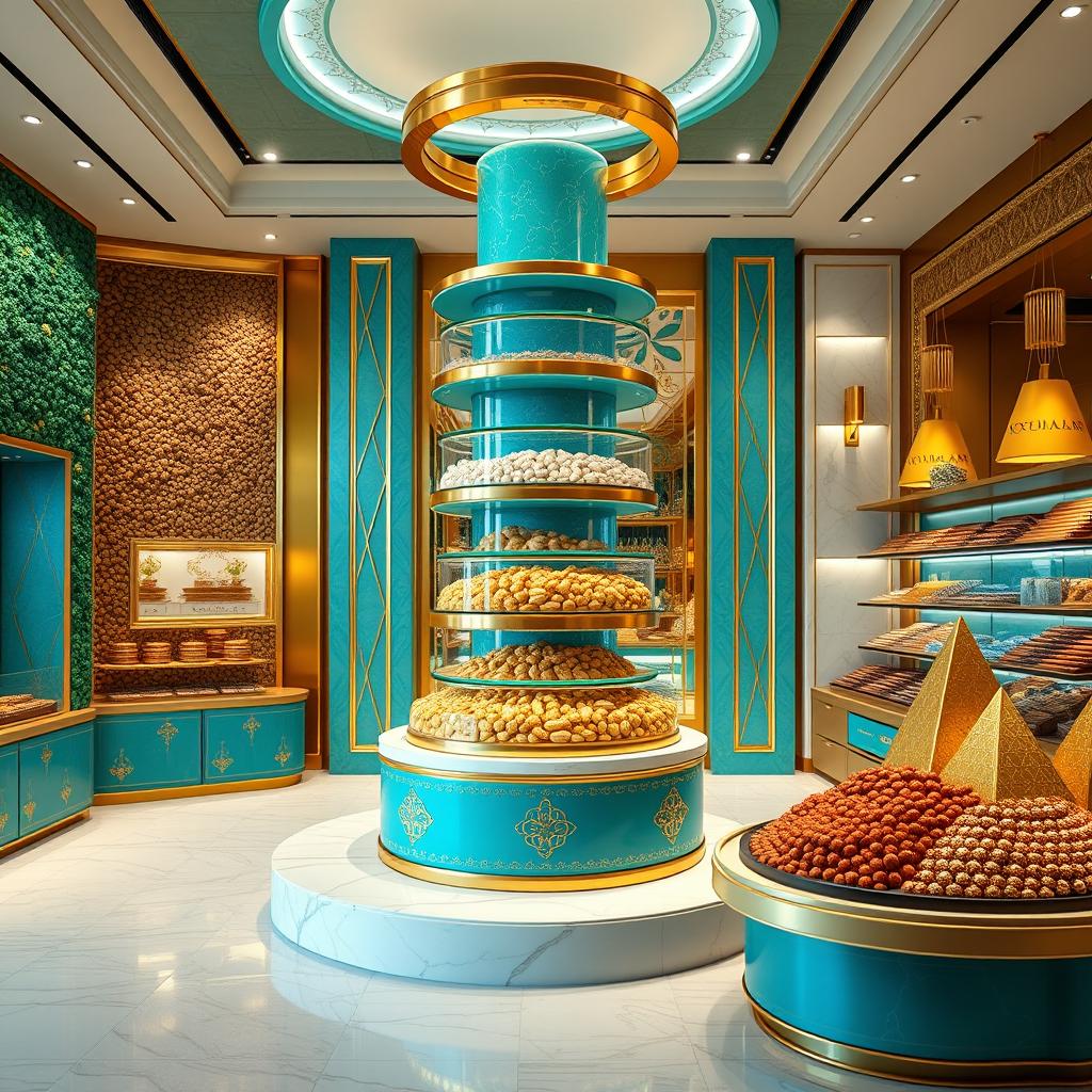 A luxury Persian nut shop featuring a grand central turquoise-blue gift tower, elegantly designed with rotating glass platforms adorned with shimmering gold edges