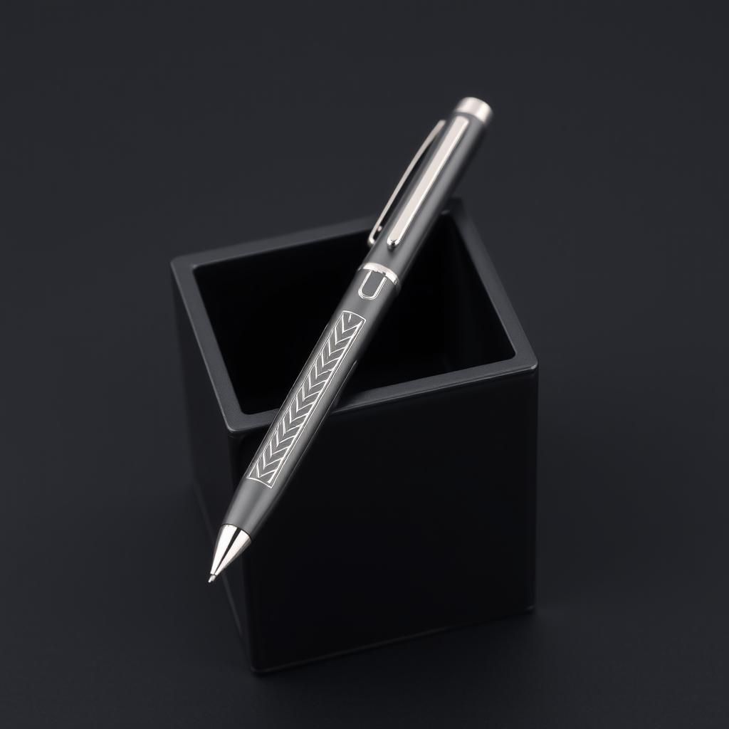A sleek and modern ballpoint pen elegantly resting on a minimalist square container