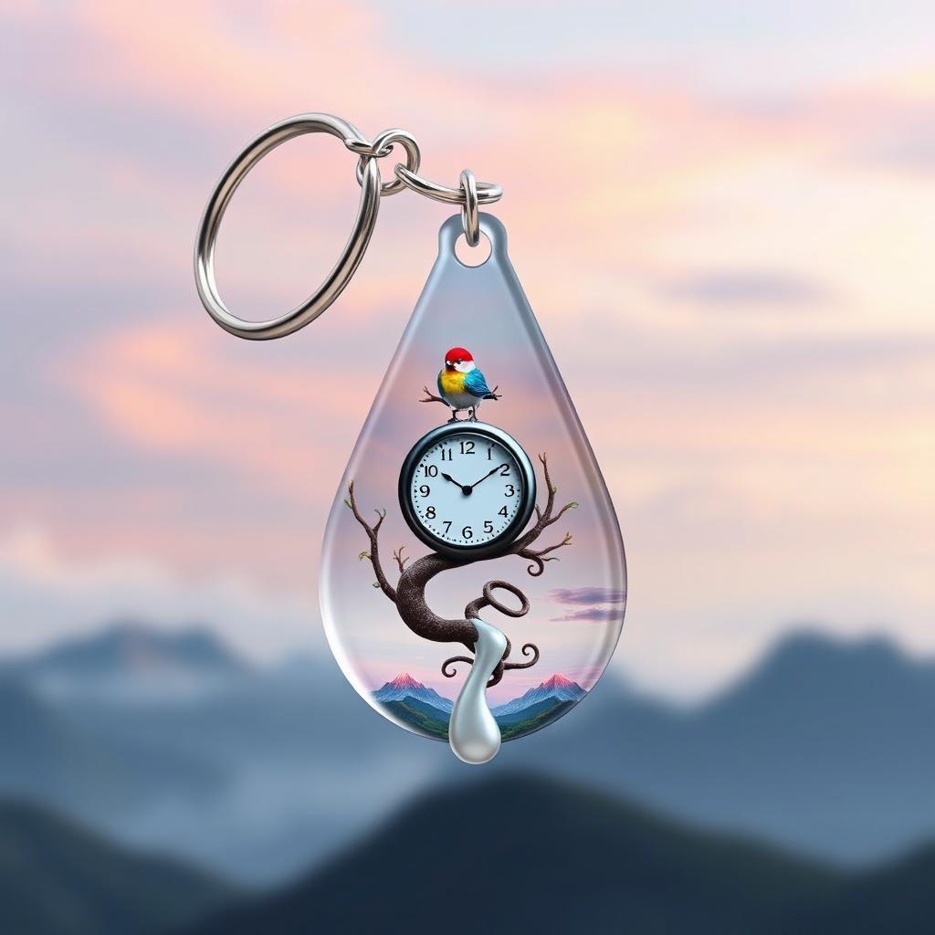 A unique keychain featuring a surrealism art style design, crafted from high-quality acrylic for a glossy finish
