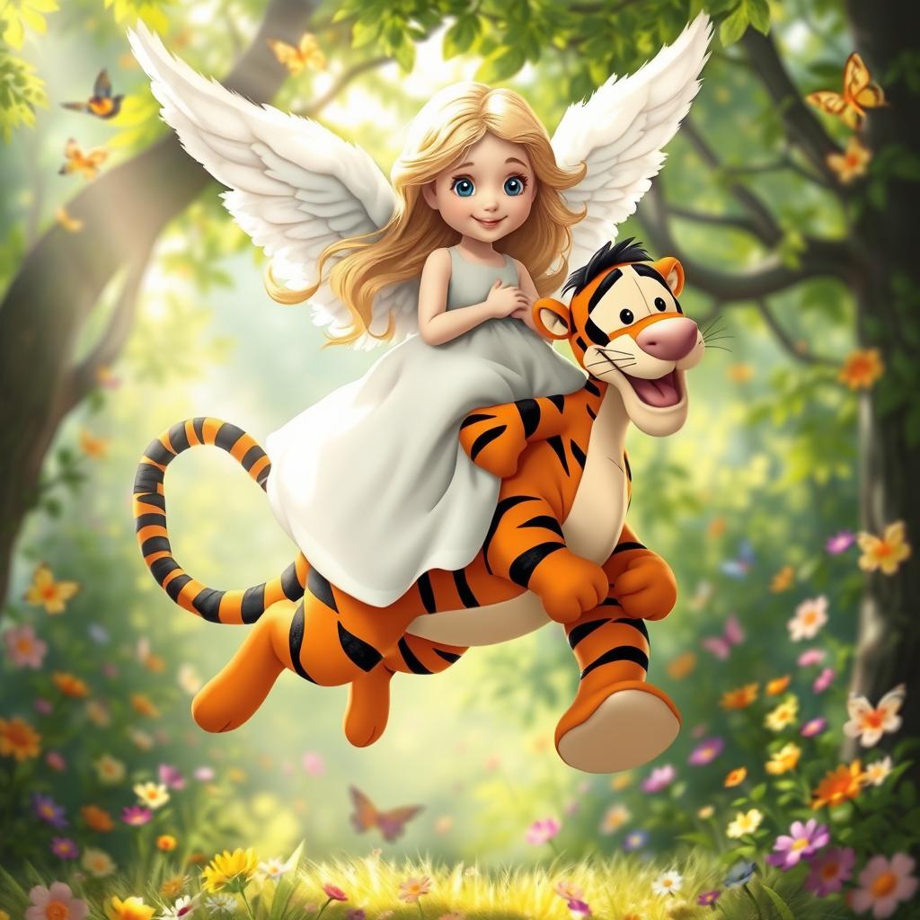 A whimsical scene featuring a serene angel with large, fluffy white wings, sitting gracefully on the back of a bright orange and black-striped Tigger