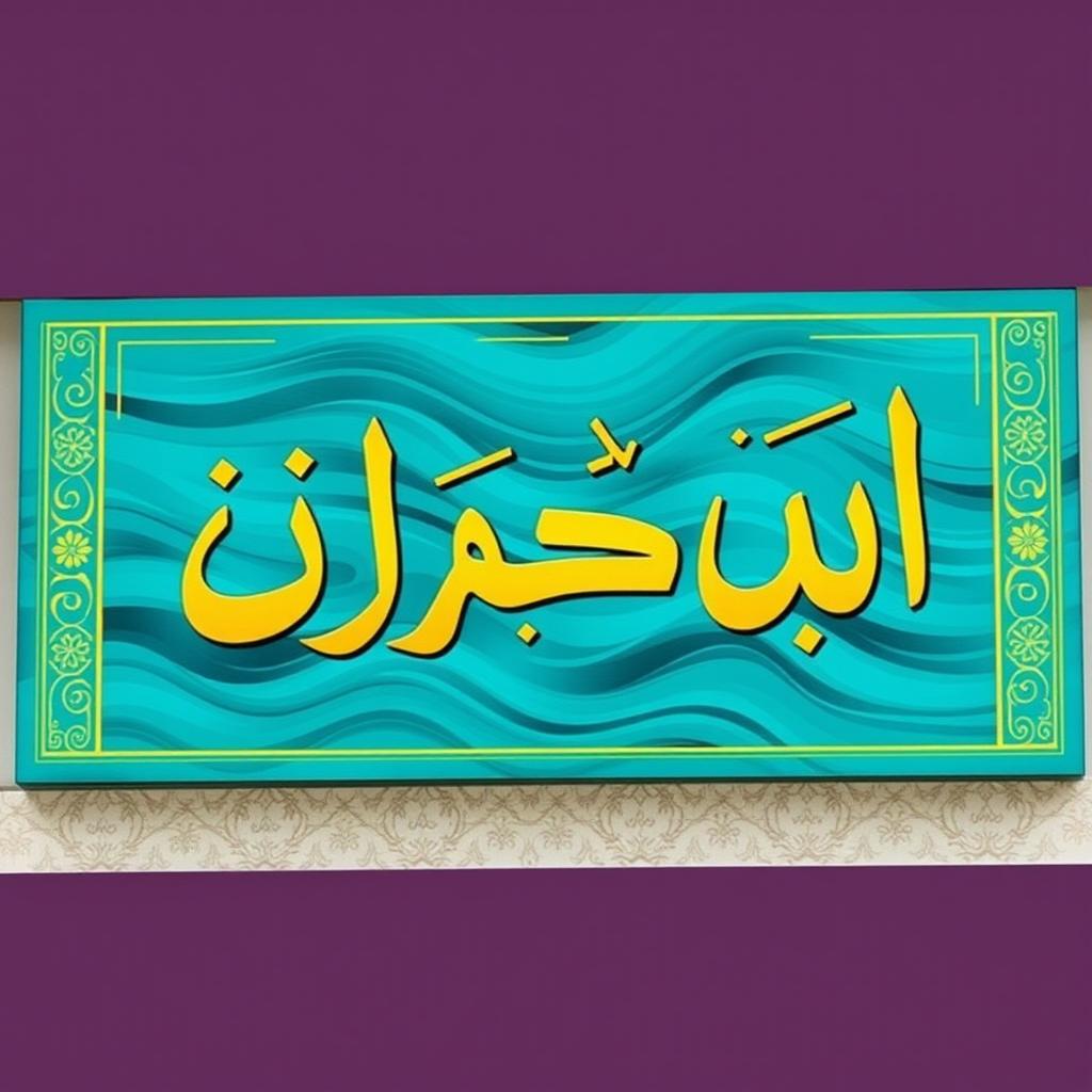 A horizontal rectangular sign with a 2:1 ratio featuring a stunning turquoise-blue wavy background complemented by an ornate golden Islamic pattern border that adds an element of sophistication