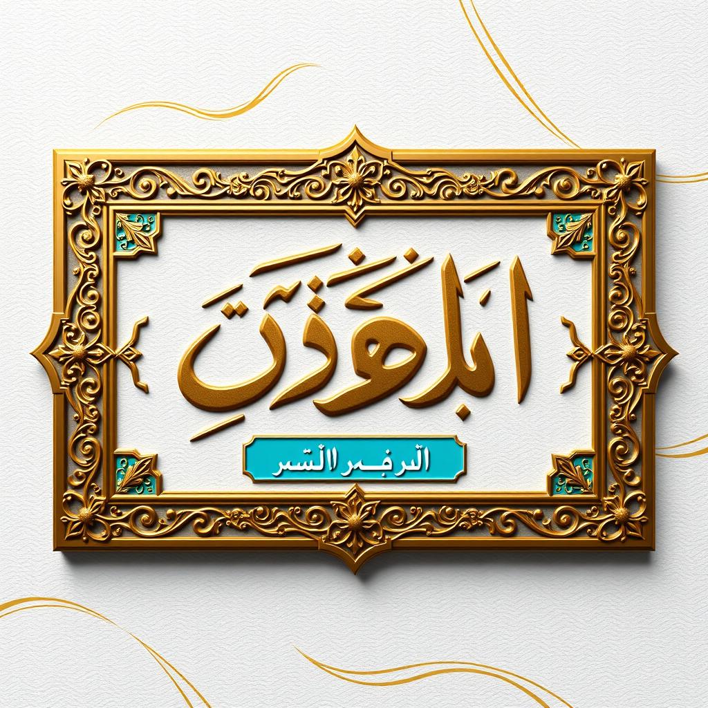 A luxury rectangular sign measuring 2 meters by 1 meter, featuring an ornate frame adorned with intricate golden Islamic patterns and turquoise geometric lines set against a luxurious bronze metal finish