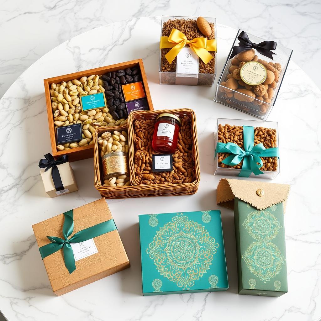 An array of luxurious gift sets beautifully displayed: a wooden box filled with premium pistachios and saffron-infused chocolates, a transparent acrylic box showcasing an assortment of gourmet nuts, and a minimalist wicker basket elegantly holding a jar of artisanal honey