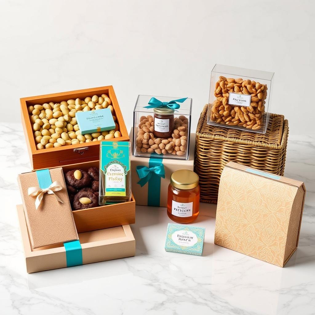 A collection of luxurious gift sets tastefully arranged: a finely crafted wooden box filled with premium pistachios and exquisite saffron chocolates, a transparent acrylic box showcasing a selection of gourmet nuts, and a minimalist wicker basket elegantly containing a jar of artisanal honey